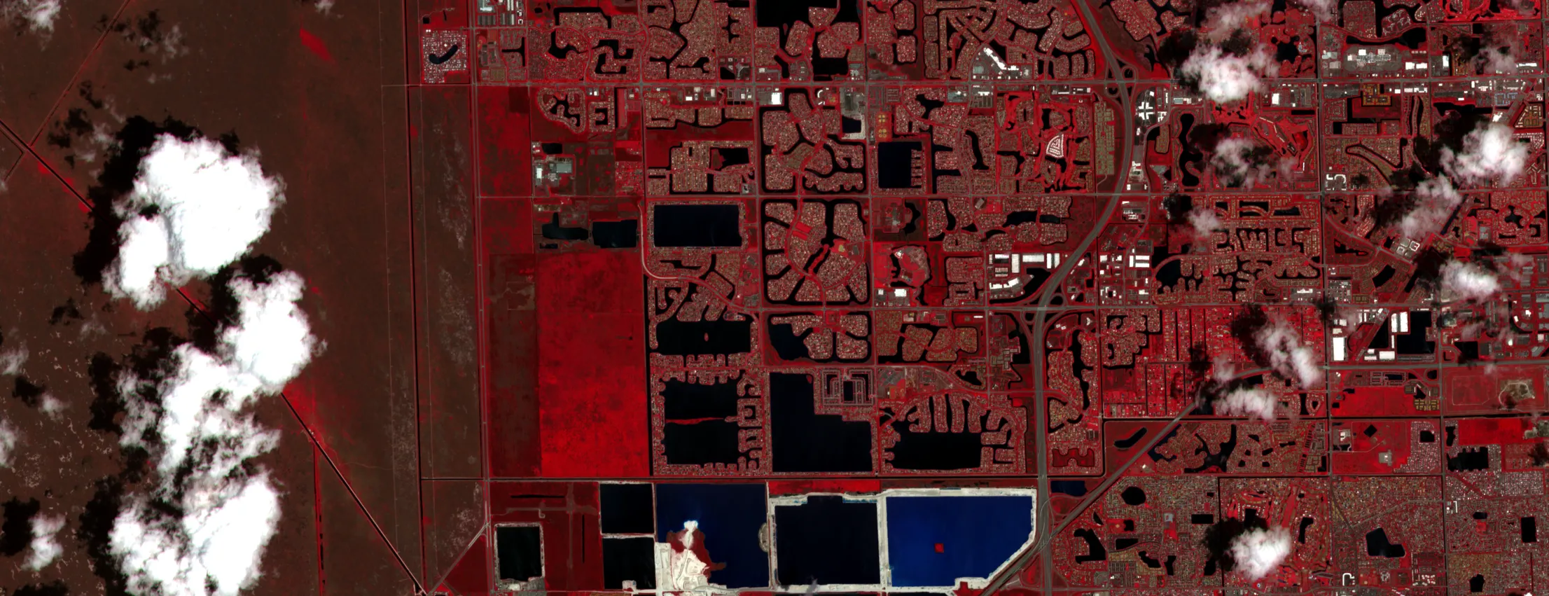 A wide strip of Sentinel-2 false colour over western Broward County, Florida: a red grid of suburbs and canals meeting brown Everglades marsh on the left, with scattered white cloud.