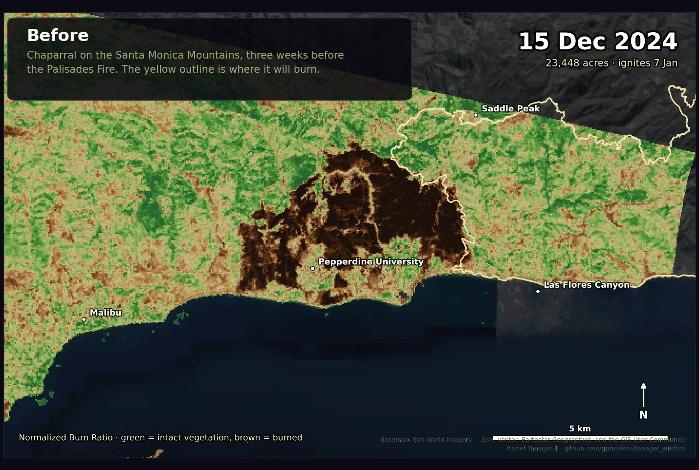 Two-frame animation of the Santa Monica Mountains that cuts between 15 December 2024 and 23 January 2025. In the first frame the hills inside a yellow outline are green with living chaparral. In the second frame everything inside that outline has turned dark brown, marking where the Palisades Fire burned. The outline is the official NIFC fire perimeter and it matches the brown area closely.